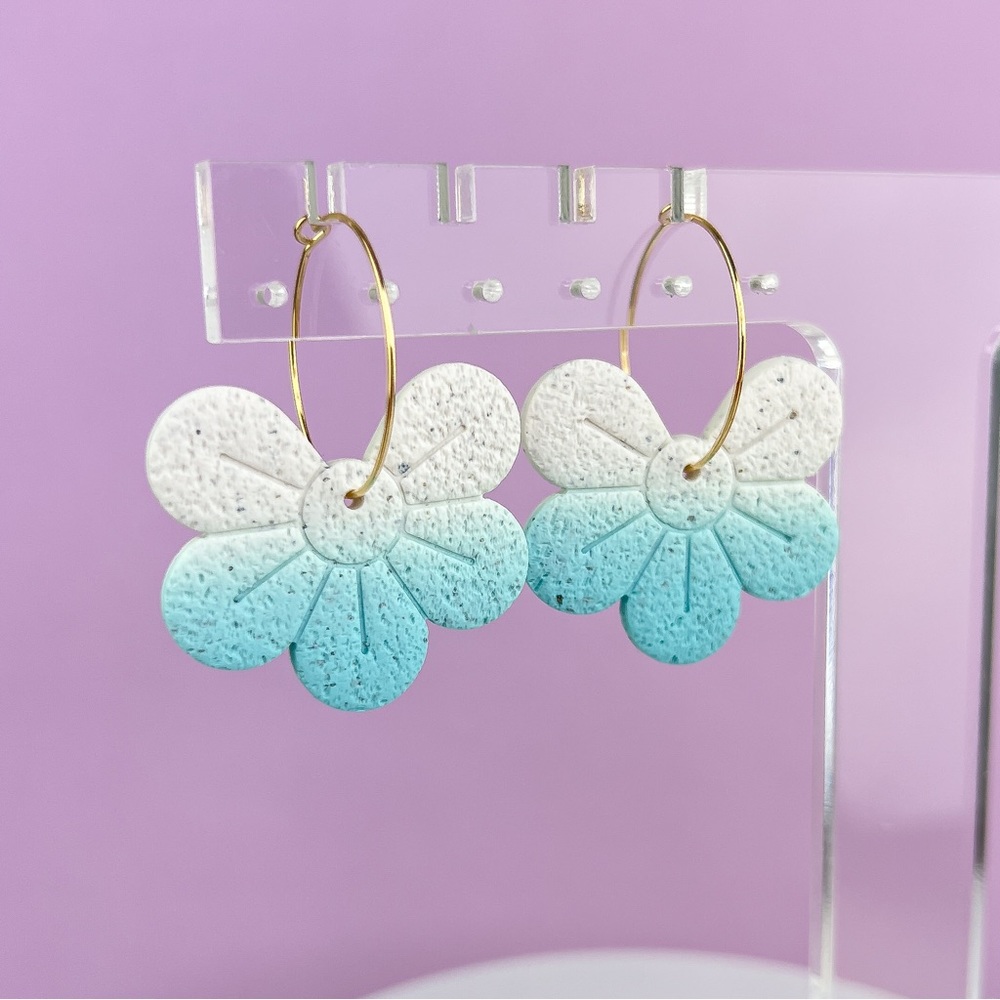 Ombré Blue Flower Handmade Polymer Clay Dangle Hoop Earrings